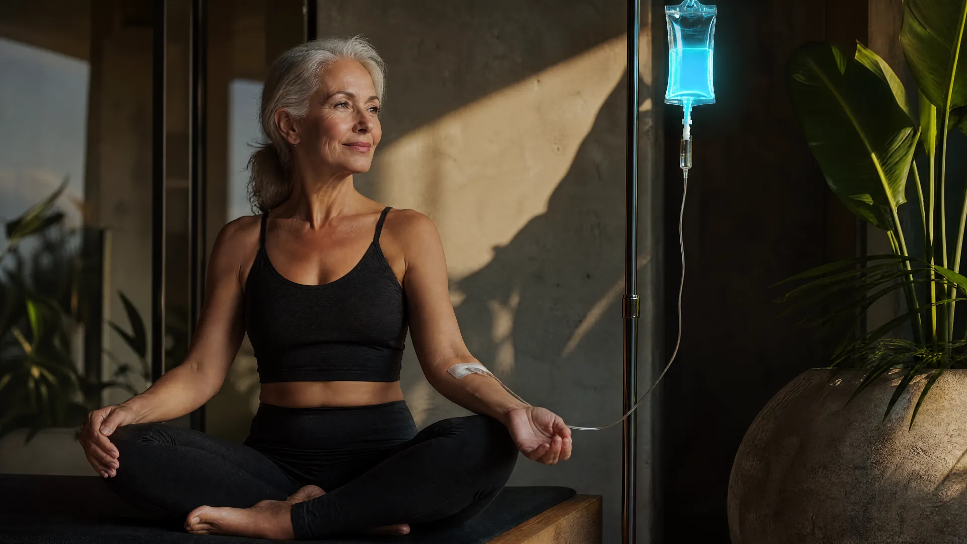A member relaxing post-yoga during her monthly Niagen infusion